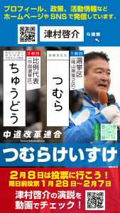 小選挙区は、つむらけいすけ。比例区は、ちゅうどう。